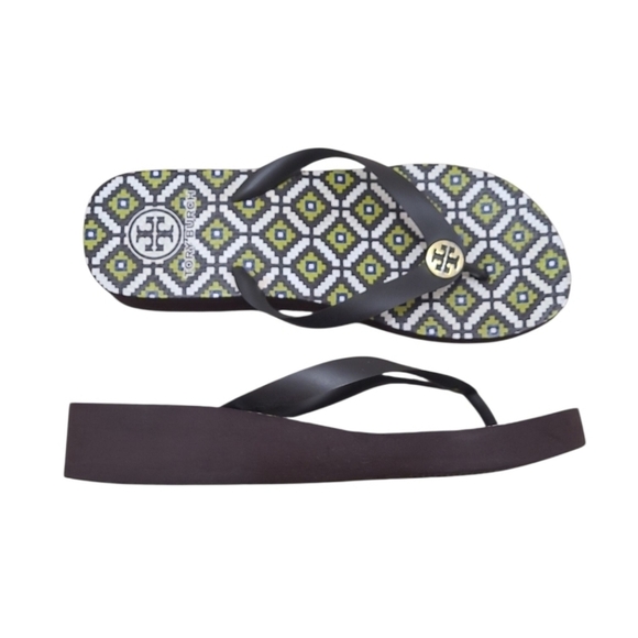 Tory Burch Geometric Gold Logo Wedge Flip Flops Green Brown Size 9/10 - Picture 11 of 11